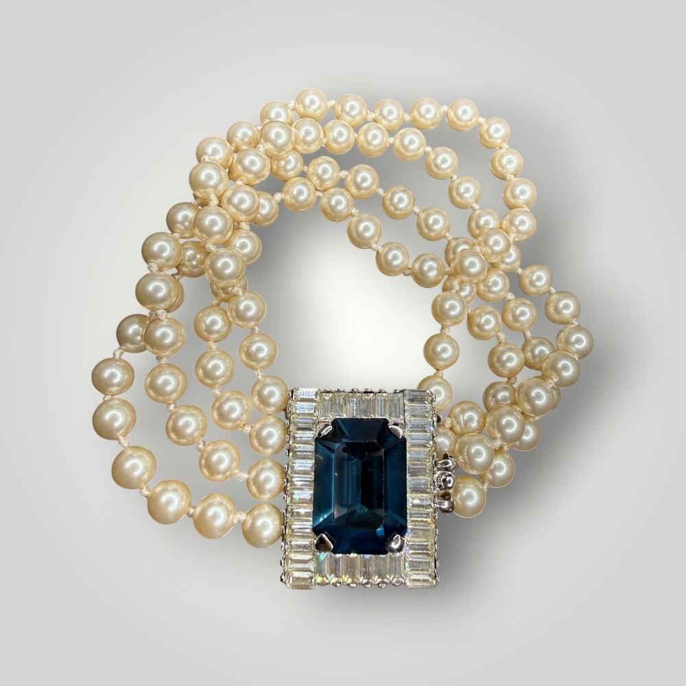 Vintage Style 4 Strand Faux Pearl Bracelet Blue Crystal Rhinestone Clasp 7.5”